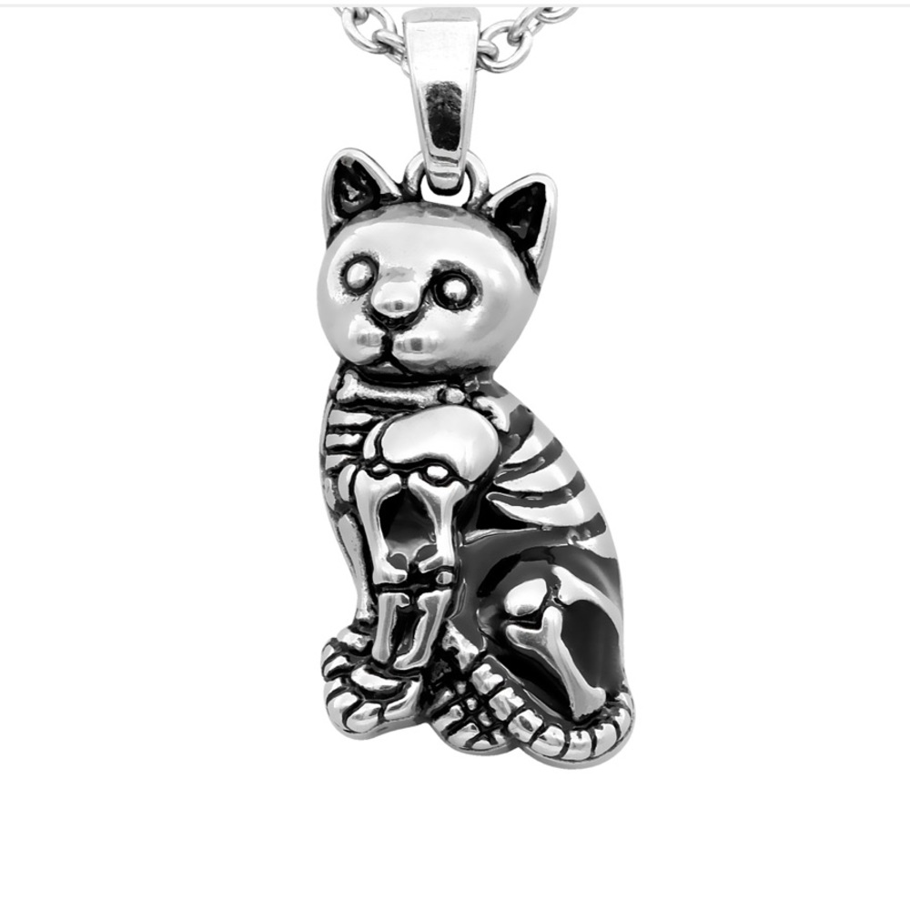 Kitty Cat Skeleton Necklace Stainless Steel with Epoxy NWT